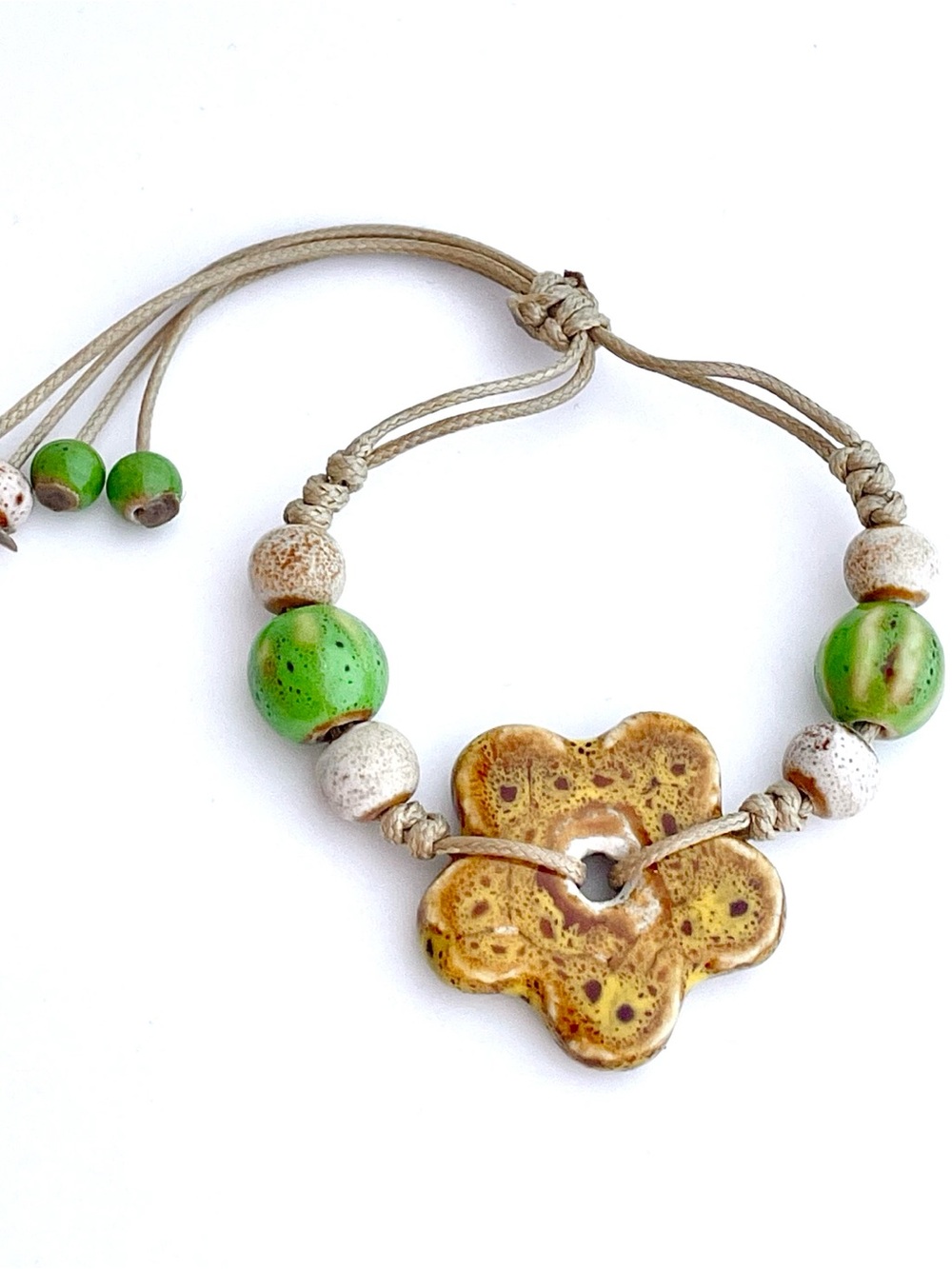 Handmade Ceramic Flower Bracelet in Green and Brown - Unbranded